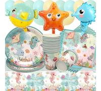 Doyomtoy Vajilla de Animales del Océano, 68 Piezas Decoración de Mesa y Globos para Fiesta de Cumpleaños - Platos, Servilletas y Vasos para Niños