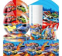 Doyomtoy Vajilla de coche de carreras,Temáticas de Coches de Carreras para 20 Invitados, Papel con Mantel, Platos,Servilletas y Vasos de Papel para Cumpleaños Infantiles Kit de Vajilla de Cumpleaños