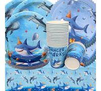 Doyomtoy Vajilla de Cumpleaños de Animales del Océano, 20 Invitados: 20 Platos, 20 Tazas, 20 Servilletas y 1 Mantel, Azul, Estampado Animal