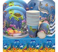 Doyomtoy Vajilla de Cumpleaños de Animales del Océano, 53 Piezas, Decoración de Mesa para Fiesta de Niños, Platos, Servilletas, Vasos y Mantel