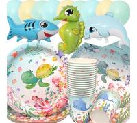 Doyomtoy Vajilla de Cumpleaños de Animales del Océano, 75 Piezas: Platos, Tazas, Servilletas, Globos de Océano y Animales Marinos para Fiesta de Cumpleaños para Niños