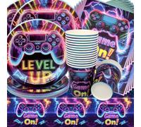 Doyomtoy Vajilla de Cumpleaños de Videojuegos, Decoración de Mesa de Cumpleaños Game Platos Servilletas Vasos para Fiesta de cumpleaños para niños 20 Invitados