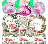 Doyomtoy Vajilla de Cumpleaños Flamenco - 76 Piezas Hawaiana Decoración de Mesa Con Globos, Platos, Servilletas y Vasos para Fiesta de Niños
