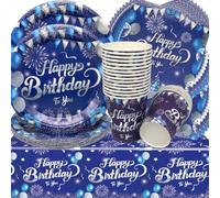 Doyomtoy Vajilla de fiesta, azul, cumpleaños, 61 piezas, color azul y plateado, juego de platos de papel, toallas para baby shower decoraciones, fiesta de cumpleaños