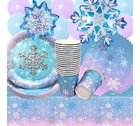 Doyomtoy Vajilla de Fiesta de Copo de Nieve,75 Piezas Decoraciones de Cumpleaño Globos de Nieve Platos Tazas Servilletas para Decoración de Fiesta de Nieve