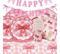Doyomtoy Vajilla de Fiesta Pajarita Rosa,61pz Vajilla para Fiesta de Cumpleaños de Niñas,Platos Tazas Servilletas Manteles Vajilla para Fiesta de Cumpleaños Rosa Ideal para Bodas Baby Shower