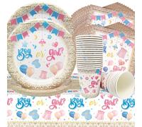 Doyomtoy Vajilla de Género,61pcs Azul y Rosa de Género Revelación Vajilla incluye Platos de Papel Tazas Servilletas Manteles,Adecuado para el Género Revelan Fiestas,Niños y niñas fiestas de Cumpleaños