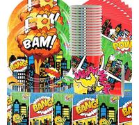 Doyomtoy Vajilla Fiesta Cumpleaños Superheroes para 20 invitados, Hero City Vajilla para fiesta, incluye platos de papel, mantel, servilletas para niños fiesta de cumpleaños