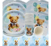Doyomtoy Vajilla Fiesta Oso,61 Pcs Juego de Vajilla para Fiesta de Oso,Platos de Papel Tazas Servilletas Vajilla de Cumpleaños,Juego de Vajilla para Fiesta de Bebé para Baby Shower Cumpleaños