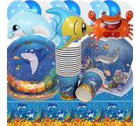 Doyomtoy Vajilla para Fiesta de Animales del Océano, 76 Piezas Decoraciones de Fiesta de Océano Globos de Océano Platos Servilletas Vasos para Baby Shower Cumpleaños para Niños