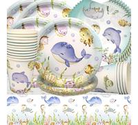 Doyomtoy Vajilla para Fiesta de Animales del Océano Decoraciones de Fiesta de Océano Platos Servilletas Vasos para Baby Shower Cumpleaños para Niños 16 invitados