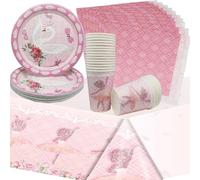 Doyomtoy Vajilla para fiestas, 61 piezas de adornos de cumpleaños para niños bailarina rosa, decoraciones de cumpleaños, tazas, platos, servilletas, juego de manteles para 20 invitados