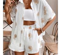 DP032708 Conjunto Estilo Y Verano Francés Estampado, Pantalones Cortos Cortos Y Chaqueta Top de Mujer, Traje de 2 piezas, Ropa de Vacaciones, Adecuado para Uso Diario en el Hogar Y de Vacaciones