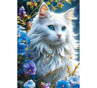DPHERO White Cat Diamond Painting Kits for Beginners Adults,5D DIY Cute Kitten Diamond Art Kits,Round Full Drill Flowers Gem Art Crafts Kits,DIY Painting by Numbers for Home Wall Decor 12x16 inch
