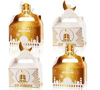 DPKOW 12pcs Cajas de Regalo Eid Mubarak, Oro Blanco Cajas para Bricolaje Ramadán Eid Caramelos Dulces Cajas Bolsas, Musulmanes Eid al-Fitr Cajas de Regalo Islámicas de Año Nuevo
