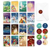 DPKOW 16 Belén Navidad Tarjetas con Sobres Pegatinas, Español Tarjeta Navideñas Santa y Feliz Navidad Tarjetas de Felicitación Nacimiento Belén Cristiano Reyes Magos, Jesús luz del mundo
