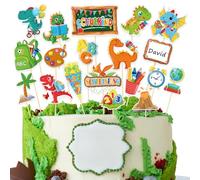DPKOW 17Stk Tortendeko Einschulung Junge Dinosaurier Cake Topper Schulkind Tortendeko Kuchen Deko Einschulung Kuchendeko Schulanfang Zuckertüte ABC 123 Ballon Muffin Cupcake Topper
