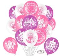 DPKOW 30pcs Púrpura Rosa Primera Comunión Globos Decoraciones Niñas, Globos de Látex para Rosa Primera Comunión Decoraciones, Blanco Púrpura Rosa Mi 1era Comunion Decoración Niñas