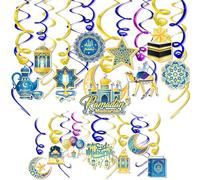 DPKOW 30pcs Ramadán Mubarak Decoraciones, Estrella Lunar Remolinos Colgantes para Eid Ramadán Techo Hogar Decoración, Brillante Lámina Serpentinas Adornos en Espiral para Ramadán Eid (Azul y Dorado)