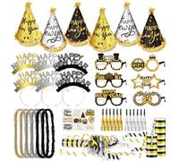DPKOW 38pcs Negro Oro Gafas de Año Nuevo Sombreros Diadema Guirnalda Flecos Sopladores, Feliz Año Nuevo Conos Sombreros Gafas Hairbands Props, Año Nuevo Tatuaje metálico serpentinas, Decoraciones de