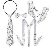 DPKOW 5 piezas Accesorios de disfraz de lentejuelas brillantes Tirantes Pajarita Corbata Guante para mujer hombre Jazz Hip-Hop Dance Carnival Accesorios de disfraces Tirantes Corbata Guante Ajustable