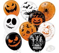 DPKOW 54 x Halloween Globos, Calabaza Fantasma Telaraña Calavera Globos de Látex para Decoraciones Halloween Espeluznante, 9 Estilos Impresión a Doble Cara Globo Negro Naranja Blanco