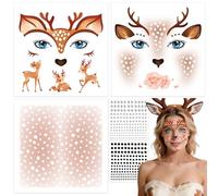 DPKOW 6 piezas de tatuajes faciales de carnaval, disfraz de ciervo, accesorios para damas y niñas, tatuajes temporales con manchas, piedras de purpurina, maquillaje facial, disfraces de carnaval