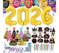 DPKOW 77pcs 2026 Nochevieja Cotillon Decoración, Fin de Año Gorros Photocall Fin de Año 2026 Globos Serpentinas Silbatos para Fiesta Fin de Año 2026 Cotillon Accesorios Decoración Nochevieja Año Nuevo