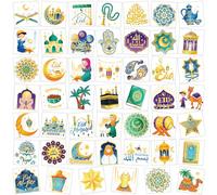 DPKOW 96pcs Eid Mubarak Tatuajes Temporales para Niños Adultos, Islámico Arte Corporal Tatuajes Pegatinas para Ramadán Eid Regalos, Estrellas Lunares Tatuajes, Mezquita Hamsa Floral Musulmana Cuentas