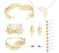 DPKOW Accesorios de Disfraz de Diosa Griega para Mujer, Conjunto de Joyas de Diosa Griega, Diadema, Peine, Clip para el Pelo, Collar de Laurel Romano, Pendientes, Pulsera, Tatuaje Facial para Mujer