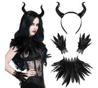 DPKOW Accesorios para disfraz de Maléfica para mujer, diadema, cuernos de demonio negros, capa, guantes de plumas, disfraces de Halloween para adultos, vestidos de cosplay accesorios