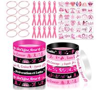 DPKOW Accessoires Octobre Rose Goodies Kit, Tatouages Bracelets Octobre Rose Ruban en Tissu sur Une Épingle pour Octobre Rose Cancer du Sein Sensibilisation