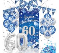 DPKOW Argent Bleu Joyeux Anniversaire 60 ans Décoration pour Homme, Joyeux Anniversaire 60 ans Porte Fond Bannière Triangle Banderole Joyeux Anniversaire 60 ans Ballons Confettis Garçon Argent Bleu