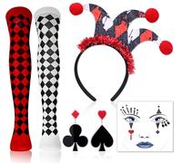 DPKOW Disfraz de Reina de Corazones Accesorios señora, Reina de Corazones Cinta del Pelo Mallas Naipes Pendientes Cara Tatuaje Disfraces Carnaval señoras bufón Gorro Carnaval Cinta del Pelo Payaso