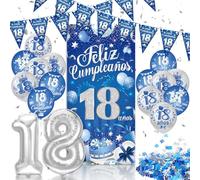 DPKOW Español Decoraciones Cumpleaños 18 años Chico Azul Plateado, Banderolas Pancarta Feliz Cumpleaños 18 años Globo de Aluminio Látex de Confeti Decoración