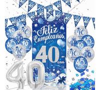 DPKOW Español Decoraciones para Cumpleaños 40 años Hombre en Azul Plateado - Pancarta Banderolas con Globos de Aluminio, Látex y Confeti