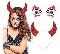 DPKOW Glitter Diablo Cuernos Diadema con Face Jewels Diablo Rojo Cuernos Cara Gemas Pegatinas para Halloween Fancy Dress Cosplay Diablo Accesorio disfraces para Mujeres y Niñas Halloween Diablo Orejas