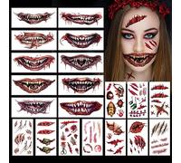DPKOW Halloween Zombie Tatuajes Temporales, 20 Hojas Terror Boca Grande Tatuajes Cara Cicatrices Heridas Pegatinas Sangrientas Tatuaje Falso Realista para Adultos Halloween Costume Party Supplies