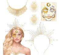 DPKOW Halo Corona Diadema Accesorios para Disfraces de Diosa del Sol, Diadema de Diosa del Sol Collar Pendientes Cara Tatuaje Diademas Diosa Griega Accesorios para Disfraces Mujeres Carnaval Cosplay