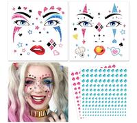 DPKOW Harley Quinn Accesorios faciales para Halloween, Carnaval, Disfraz, Tatuajes temporales, piedras de brillo, maquillaje facial, fiesta temática, Cosplay
