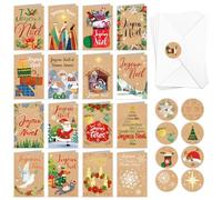 DPKOW Joyeux Noël Cartes de Vœux avec Enveloppe Autocollants, 16 x Papier Kraft Cartes de Noël, Français Cartes Heureux Noël Gourmandises Cartes Crèches de Noël Joyeuses Fêtes Cartes Bonne Année