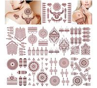DPKOW Marrón Rojo Tatuajes Temporales para Mujeres Niñas, 9 Hojas Falso Tatuajes Mandala Flor Tatuaje Adhesivos para Mano Brazo Arte Corporal, Impermeable Encaje Indio Tatoos Temporales para Boda Eid