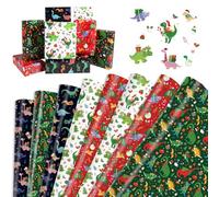 DPKOW Papel de Regalo de Dinosaurios Navidad, 8 Hojas Papel Embrulho Natal Christmas Wrapping Paper, Artículos para Fiestas de Dinosaurios Regalos de Cumpleaños Navidad, 70 x 50 cm