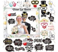 DPKOW Photocall Boda Español 31Pcs Accesorios Photocall Boda Foto Props Fotomaton + Marco de Fotos Hinchable Fotocoll de Boda para Hora Loca Boda Fiesta Accesorios Decoracion Boda