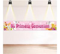 DPKOW Rosa Mi Primera Comunión Pancarta Decoración Niña, Rosa Mi 1era Comunión Pancarta Decoración Niña Primera Comunion Decoracion Jardín Exterior Casa Pared, 260 * 40cm