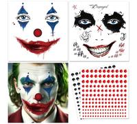 DPKOW Tatuajes de Caras de Joker con Gemas Faciales Adhesivas, Halloween Tatuajes Temporales Joker Accesorios para Disfraces de Halloween Maquillaje para Hombres Mujeres y Niños Tatuajes Falsos
