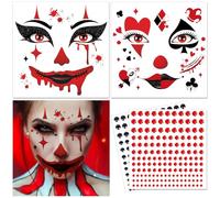 DPKOW Tatuajes de Caras de Payasa con Gemas Faciales Adhesivas, Halloween Tatuajes Temporales Payasa Accesorios para Disfraces de Halloween Maquillaje para Hombres Mujeres y Niños Tatuajes Falsos