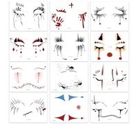 DPKOW Tatuajes faciales de Halloween para niños y adultos, 12 hojas de tatuajes temporales: cicatriz, calavera, telaraña, payaso, accesorios para bailes de máscaras para hombres, mujeres y niños