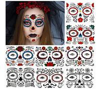 DPKOW Tatuajes Temporales de Halloween para Adultos Mujeres Niñas Maquillaje Facial, 8 Hojas Día de los Muertos Cara Tatuaje Rosa Calavera Telaraña Tatuajes Pegatinas para Halloween Fiesta Mascarada