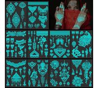 DPKOW Tatuajes Temporales Luminosos Azules, 10pcs Brillan en la Oscuridad Tatuajes Adhesivos de Encaje Indio Tatuajes Temporales para Mujeres Niñas Mano Brazo Cuerpo Arte Facial, Neón